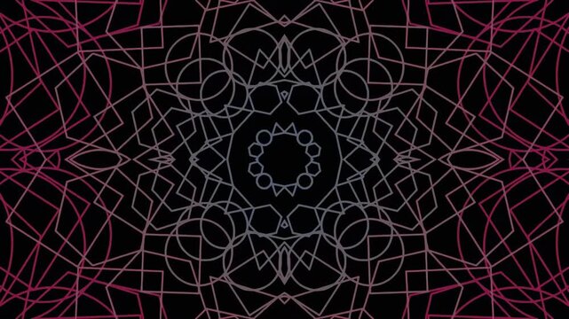 Abstract geometric pattern with symmetrical neon lines on dark background