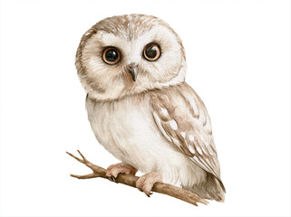 Obraz premium A cute little owl perched on a branch, its large, expressive eyes gazing forward. The owl has soft, speckled feathers in shades of brown and white, giving it a gentle appearance AI generative