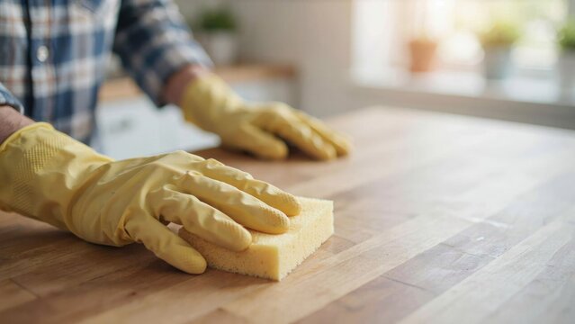 Person wearing yellow rubber gloves cleaning a wooden kitchen countertop with a sponge