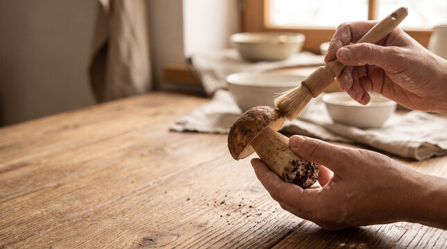 Cleaning porcini mushroom with brush by human hands on a wooden kitchen table. This shot is perfect for autumn mushroom foraging and cooking themes.
