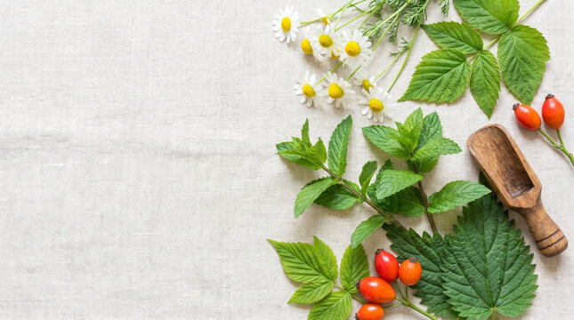 Flat lay of edible forest herbs used for herbal tea with raspberry leaves and rose hips. This composition focuses on the autumn gathering of medicinal plants.