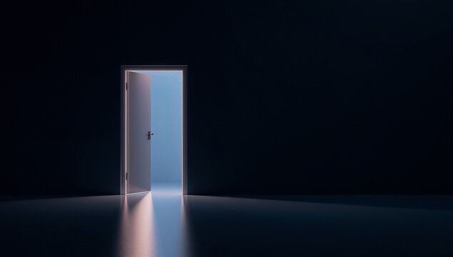 Futuristic abstract door of opportunity illustration with minimal glowing doorway symbolizing new career path and business breakthrough
