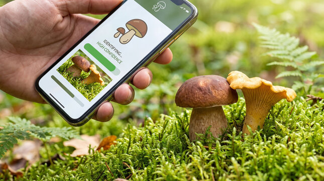 Identifying forest fungi with mobile held by a hand near mushrooms in the moss. For nature exploration and botanical education themes.