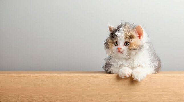 A fluffy gray and white kitten with orange patches sits on a wooden surface, looking curiously to the side against a plain background.