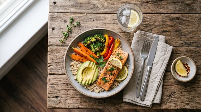 Healthy salmon and vegetable grain bowl on wooden table with broccoli vegetables nutrition
