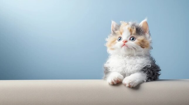 A fluffy calico kitten with blue eyes sits on a beige surface against a light blue background. The kitten has a mix of orange, black, and white fur.