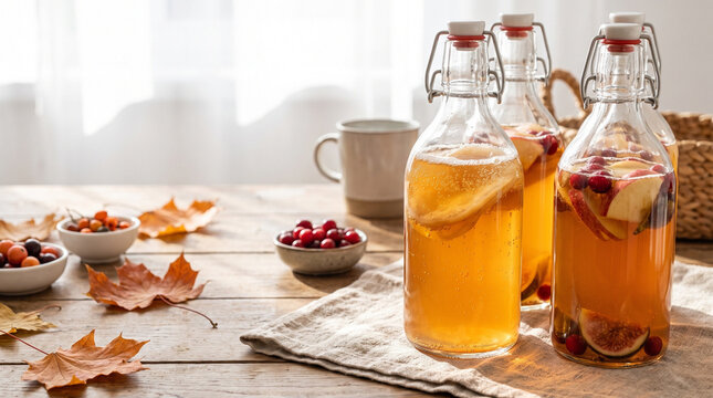 Kombucha second fermentation process in glass bottles with fresh fruits and autumn leaves on a wooden table. For autumn healthy beverage and probiotics theme.