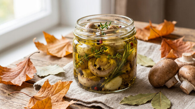 Marinated mushrooms with herbs macro shot in a glass jar surrounded by orange autumn leaves. For home preservation and autumn food harvest theme.