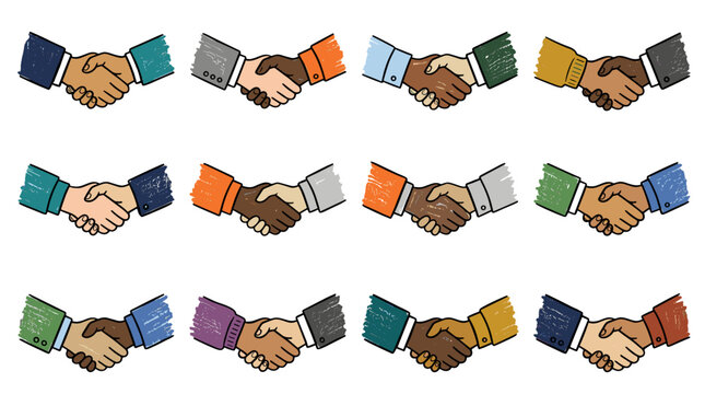 Collection of diverse handshake illustrations representing cooperation and agreement