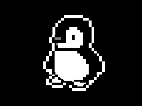 A pixelated penguin with black and white features, standing against a black background. This retro-style digital art evokes a sense of nostalgia and simple charm. AI generative