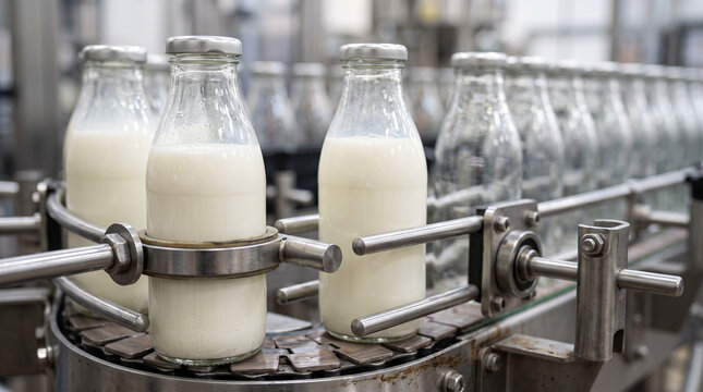 Automated industrial production line transporting glass milk bottles in a clean food processing and dairy manufacturing plant.