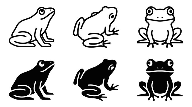 Minimalist black and white frog icons set showing various poses for modern graphic design projects