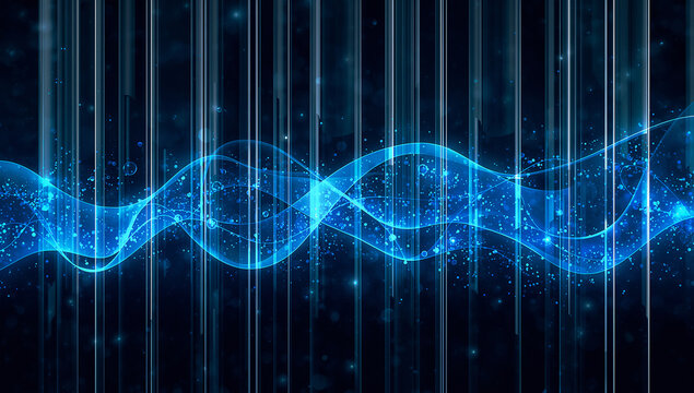 Futuristic data visualization illustration with glowing liquid data flowing through abstract digital channels and analytics networks