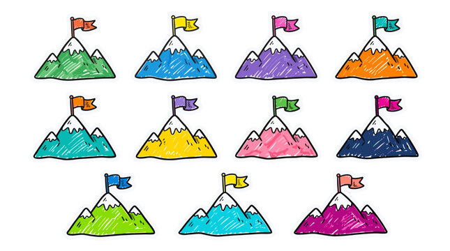 Collection of colorful illustrated mountains with flags representing different levels