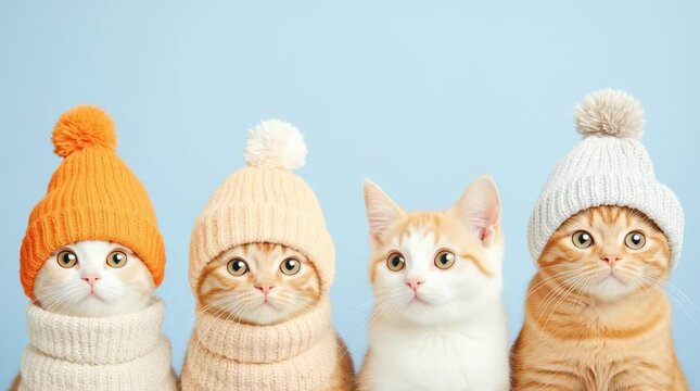 Four cats wearing colorful knitted hats sit in a row against a light blue background. The cats display various fur patterns and colors, showcasing their playful expressions.