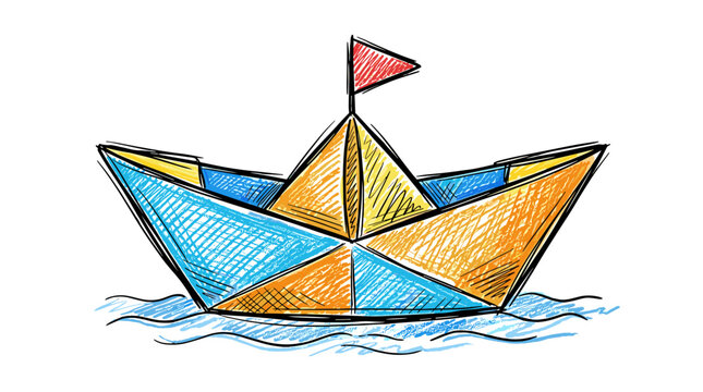 Colorful paper boat floating on water with a small flag and vibrant design