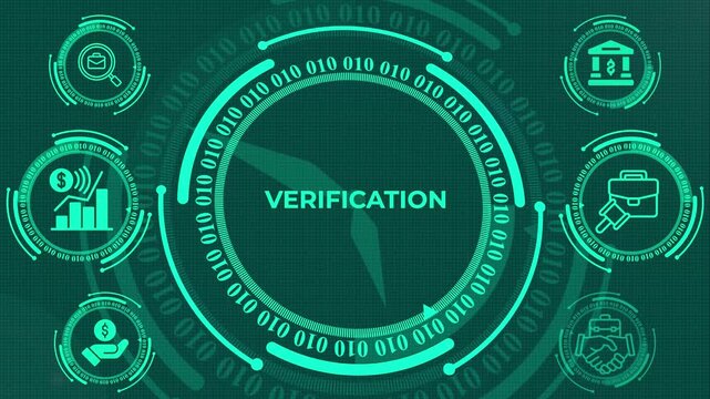 Digital Verification Concept with Binary Code and HUD Interface, Cyber Security and Data Authentication Background with Green Grid, Financial Audit and Business Security Digital HUD Animation