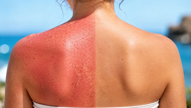Back skin with painful red sunburn damage next to tanned healthy skin for sun safety awareness display.