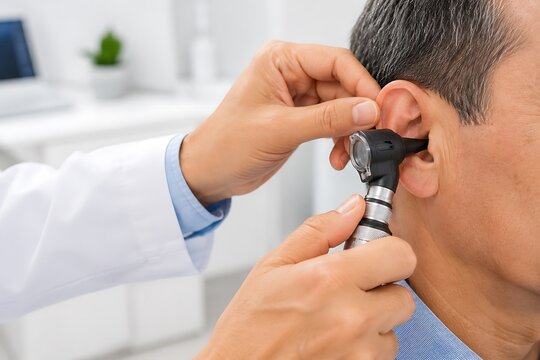 Doctor using an otoscope to examine the ear of an elderly male patient in a medical clinic