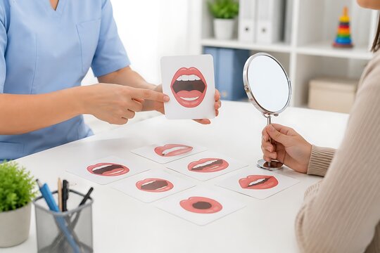 Speech therapist working with a patient using mouth shape cards and a mirror in a clinical office setting