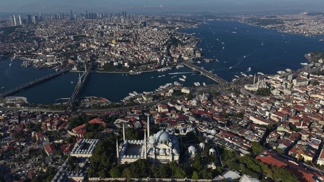 Cinematic Aerial Drone View of Istanbul Skyline from S&uuml;leymaniye Mosque to Galata Tower, Golden Horn and Bosphorus