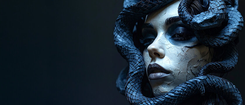 Medusa snake woman portrait fantasy myth creature. Dark monster head design layout template. Concept art display presentation backdrop construction industry workflow framework system masterpiece work.