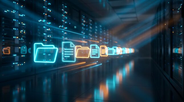 Abstract glowing digital file icons and folders moving through futuristic data center server room with blue and orange light beams representing data transfer.