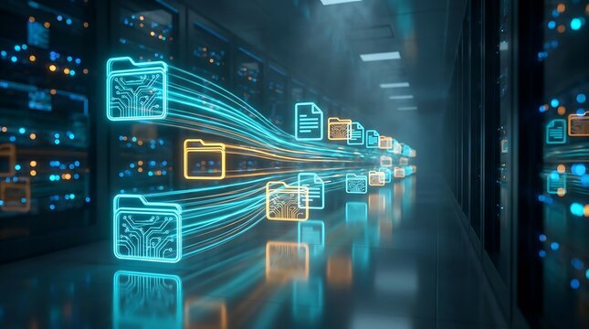 Digital icons of files and folders with circuit board patterns propelled by glowing light streams through modern server racks in a futuristic data center.
