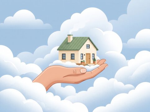 Hands cupping a small residential house in the clouds with protection, property