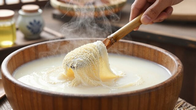 A hand lifts steaming yuba from a wooden bowl filled with rich broth, showcasing traditional food preparation.