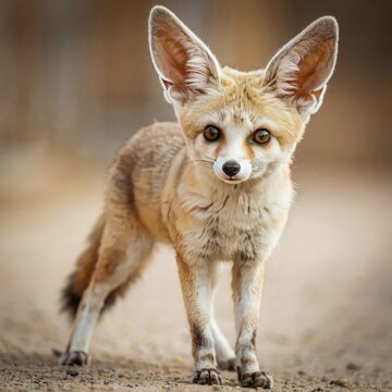 Close-up portrait of a fennec fox with large ears standing on sand
