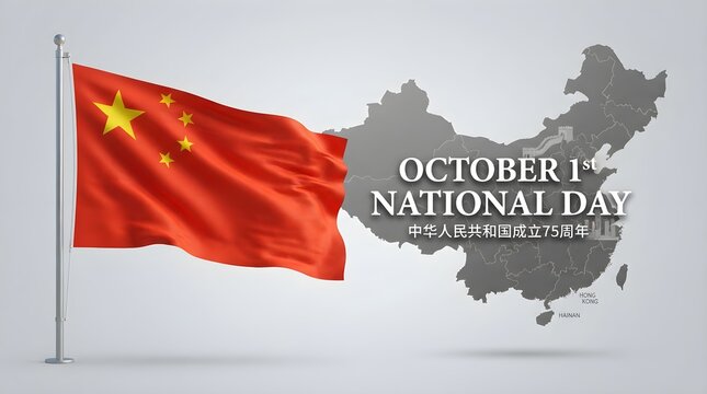 Waving chinese flag next to a map of china celebrating the annual china national day holiday event