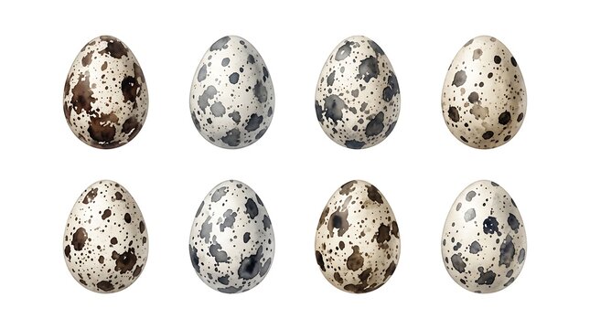 Set of eight realistic quail eggs with unique brown and black speckles isolated on white background