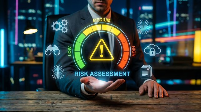 Risk assessment gauge with low medium and high levels and caution triangle icon displayed by businessman for financial security and strategic planning in business.