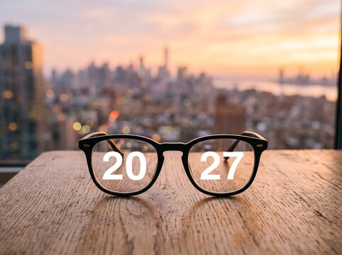Conceptual image of eyeglasses on a wooden table with the year 2027 visible through the lenses, representing a vision for the future and new year goals