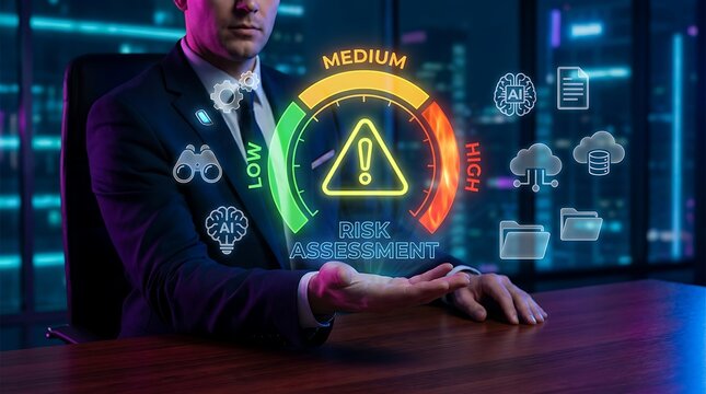Risk assessment gauge with low medium and high levels and caution triangle icon displayed by businessman for financial security and strategic planning in business.