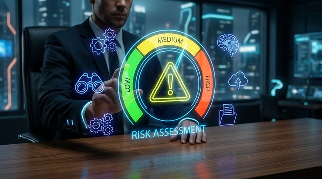 Risk assessment gauge with low medium and high levels and caution triangle icon in front of businessman for financial security and strategic planning in business.