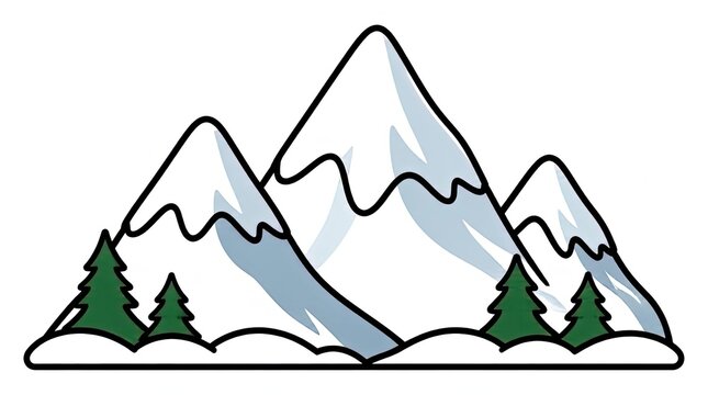 Charming Cartoon Snow-Capped Mountains with Pine Trees and Snowy Base