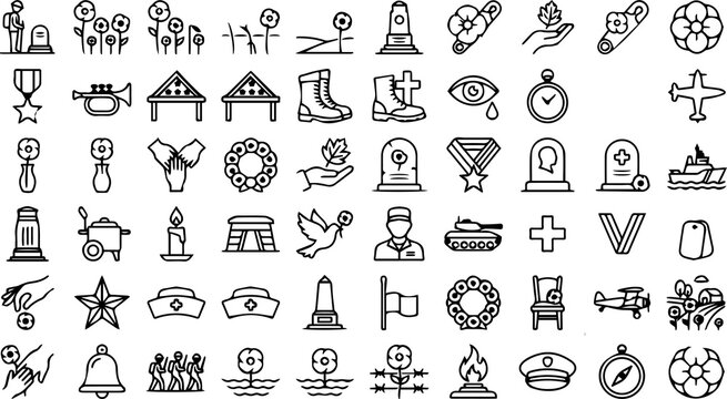 Remembrance & Memorial Line Icons Set | Military Tribute, Veterans Day, Peace, Cemetery, Poppy Flower Outline Vector Icons