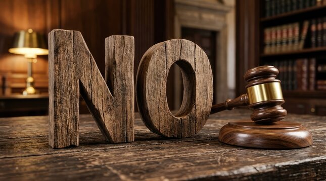 Large wooden negative statement letters beside gavel on dark wooden desk with bookshelf background with letters spelling placed