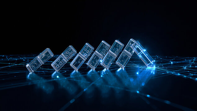 Futuristic digital domino effect illustration with transparent glass domino blocks depicting chain reaction and business risk management