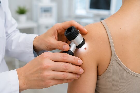 Dermatologist examining a patient skin mole using a dermatoscope for cancer screening in a modern medical clinic