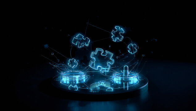 Futuristic digital puzzle illustration showing glowing puzzle pieces floating above a connected network symbolizing problem solving and strategy