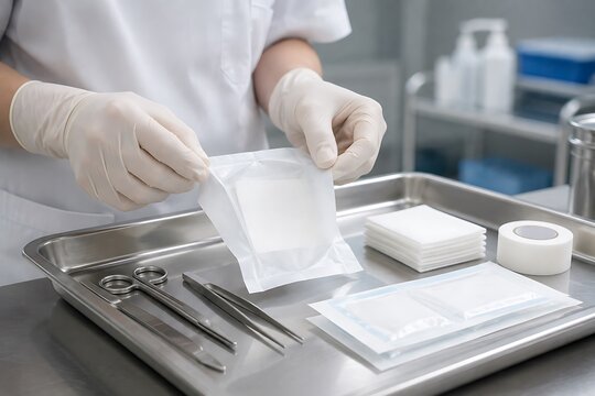 Medical professional in sterile gloves preparing surgical supplies and dressing materials on a metal tray in a hospital