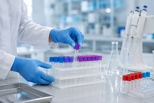 Scientist in a laboratory setting placing a test tube into a rack for medical research and analysis