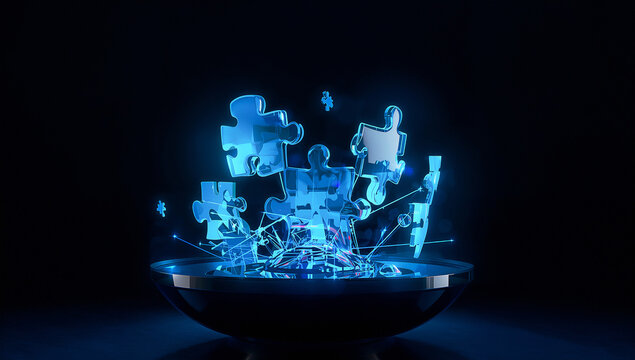 Futuristic digital puzzle illustration showing glowing puzzle pieces floating above a connected network symbolizing problem solving and strategy
