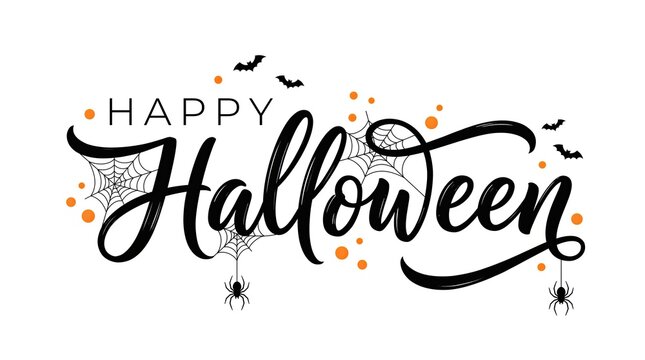 Elegant black cursive lettering for a happy halloween greeting card design featuring decorative bats and festive golden confetti elements