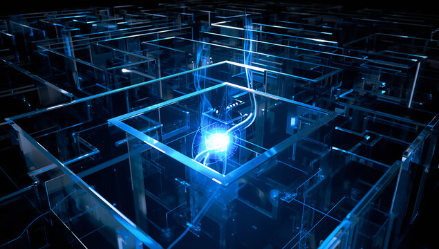 Futuristic glass maze illustration featuring transparent glass labyrinth symbolizing complex strategy, navigation, and problem solving