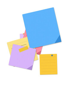 A stack of colorful sticky notes in blue yellow and purple with tape and pins for office reminders and organizational tasks used in school or business settings for writing messages