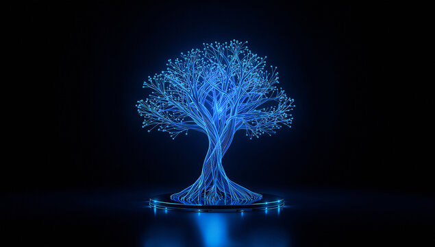 Futuristic glowing decision tree illustration showing branching luminous network representing artificial intelligence and strategic decision making